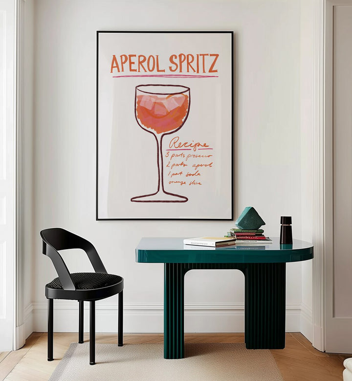 Aperol Spiritz by Athene Fritsch Cafe Art Prints Cafe Posters in Black Plain Frame placed on a wall behind a study table