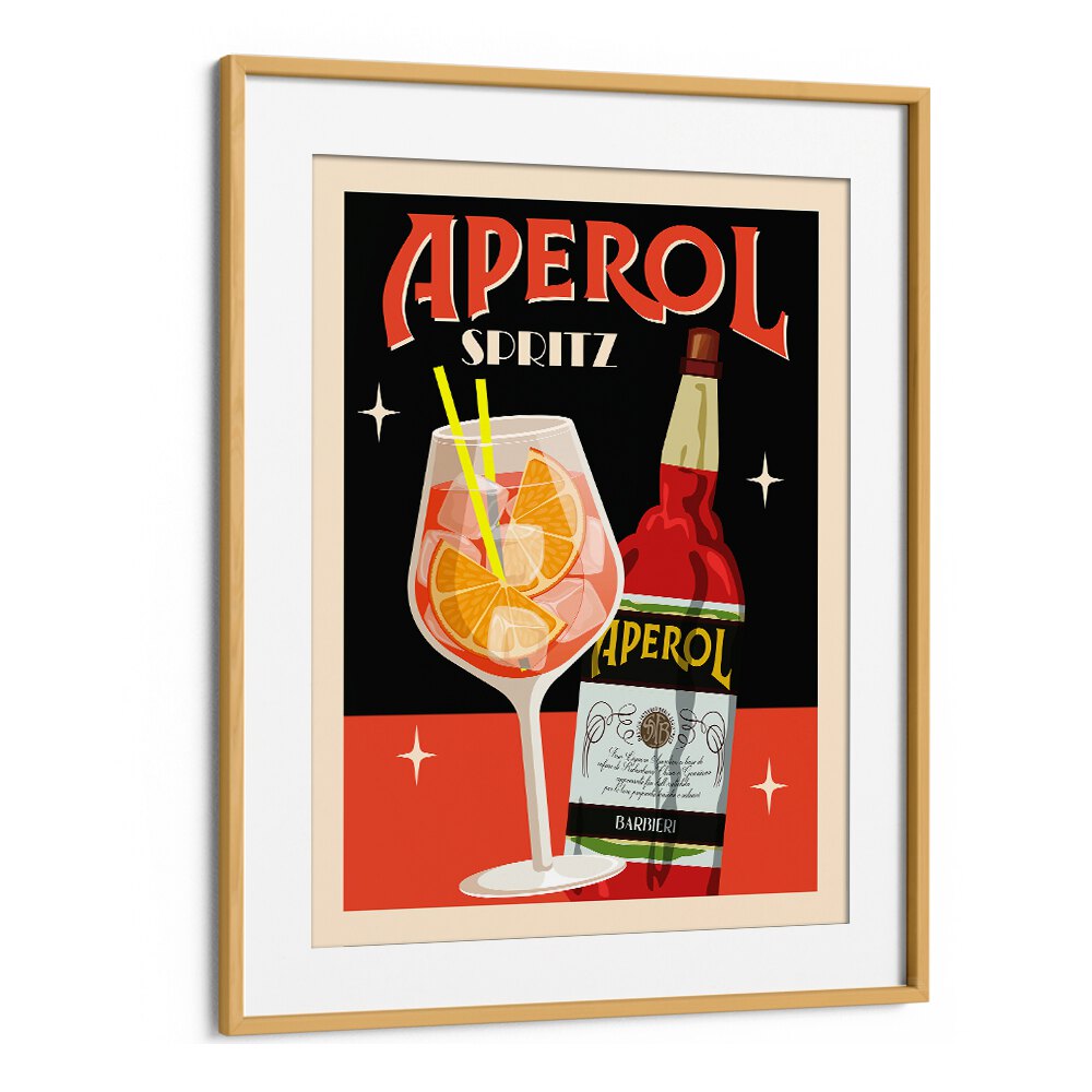 Aperol Spritz Black  Cafe Art Prints Cafe Posters in Oak Wood Frame With Mount