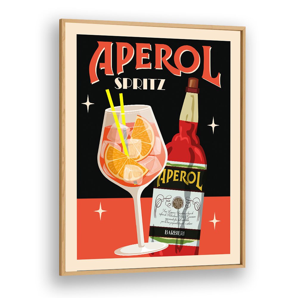 Aperol Spritz Black  Cafe Art Prints Cafe Posters in Oak Wood Plain Frame