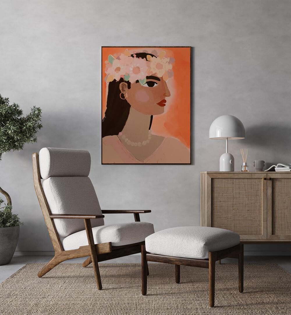 Aphrodite By Treechild Women Illustrations Paintings in Oak Wood Plain Frame placed on a Grey Colored Wall in the Drawing Room