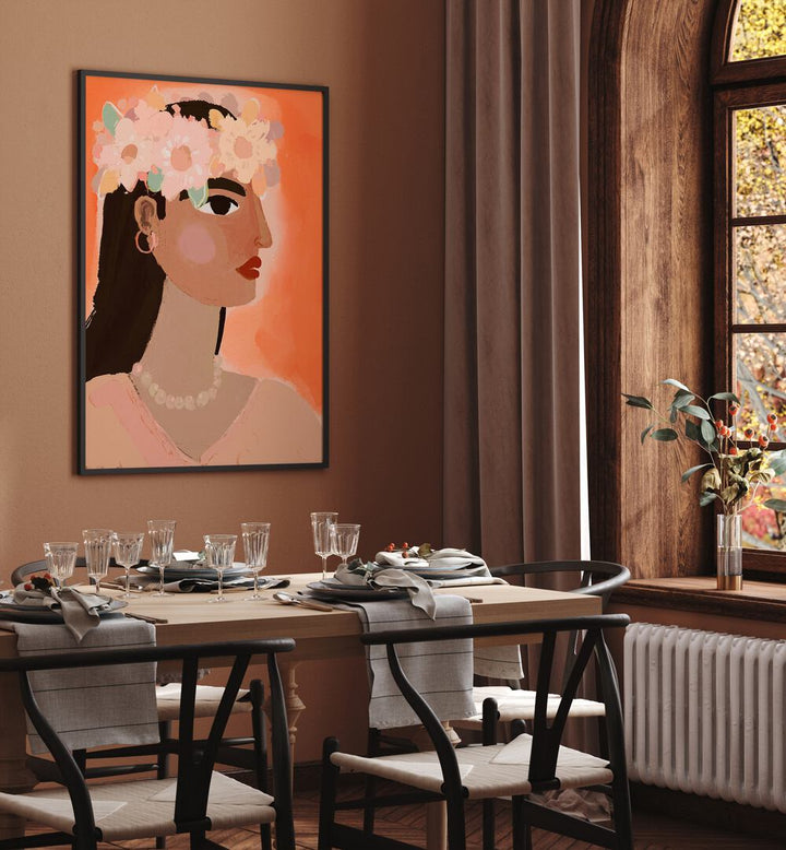 Aphrodite By Treechild Women Illustrations Paintings in Black Plain Frame placed on a Brown Colored Wall near a Dining Table in the Dining Room