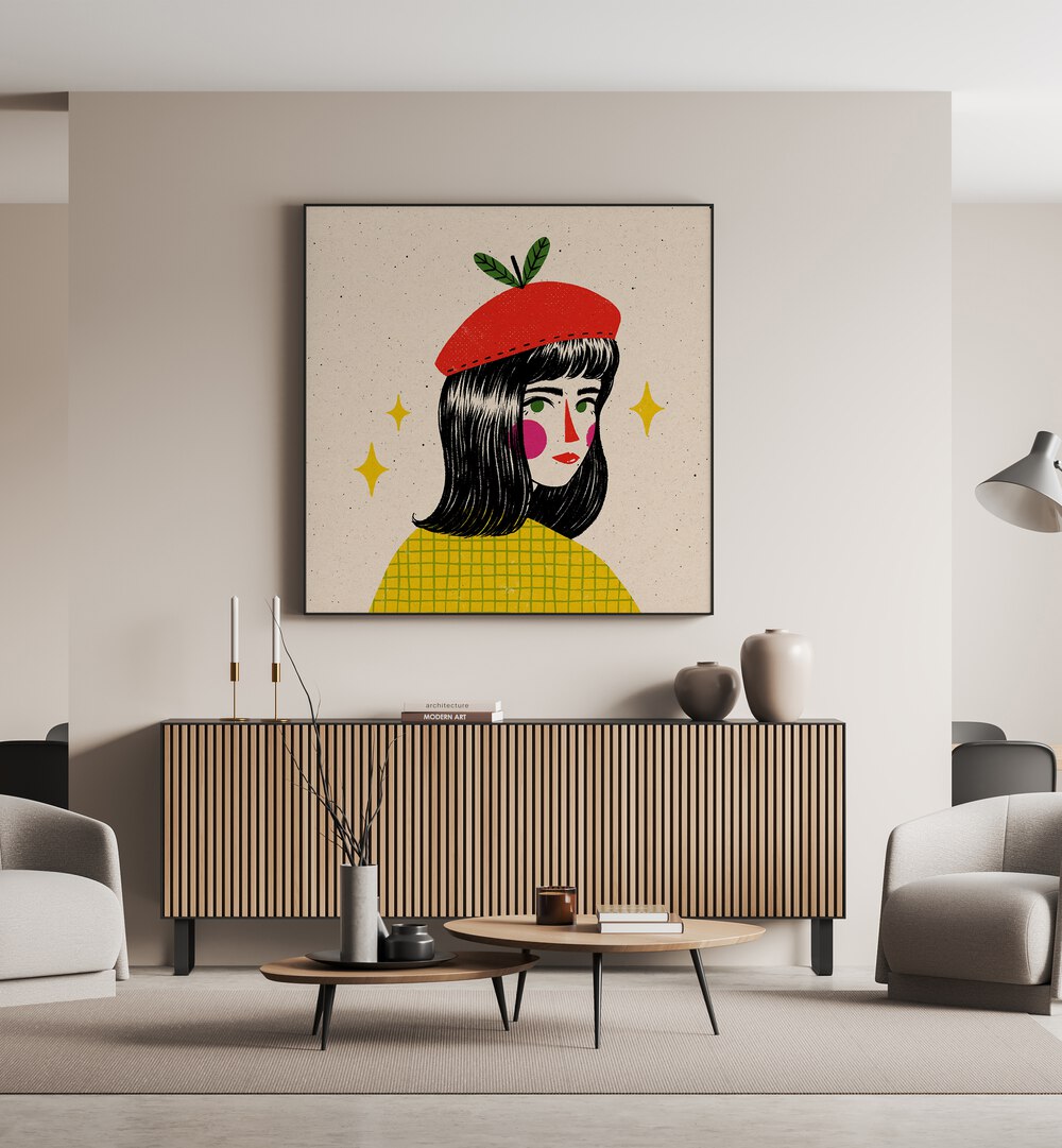 Apple Beret By Julia Leister Women Illustration Paintings in Black Plain Frame on a wall placed behind a table