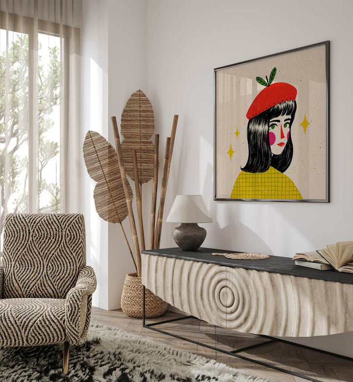 Apple Beret By Julia Leister Women Illustration Paintings in Black Plain Frame on a white wall placed behind a table