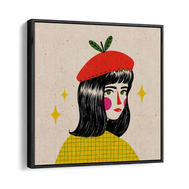 Apple Beret By Julia Leister Women Illustration Paintings in Black Floater Frame