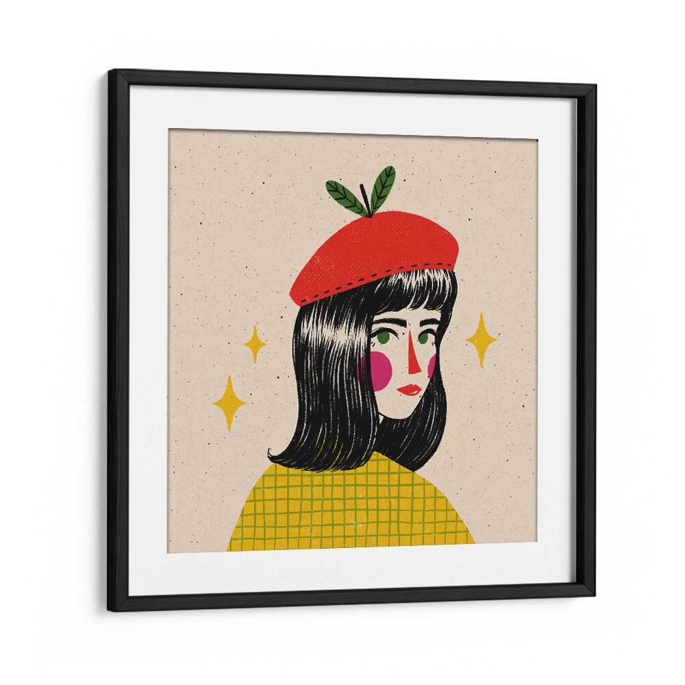 Apple Beret By Julia Leister Women Illustration Paintings in Black Frame With Mount