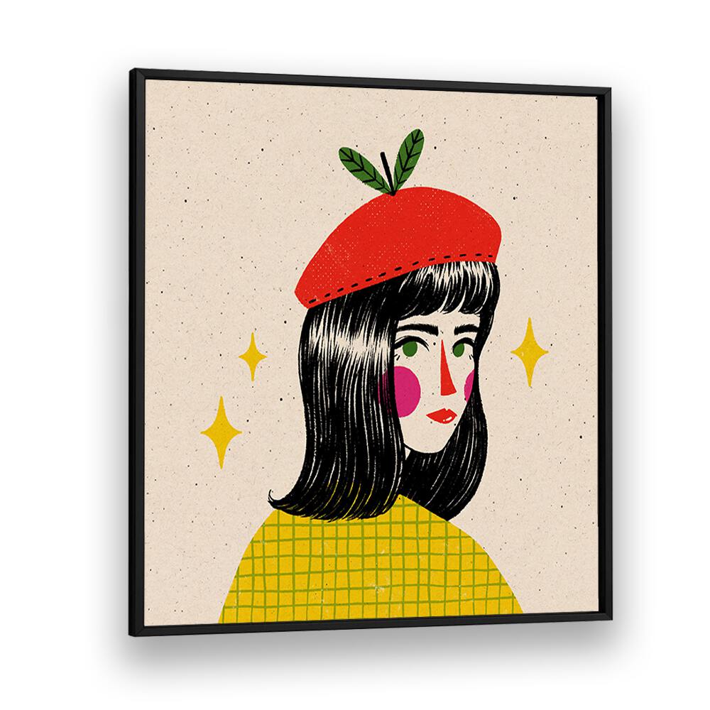 Apple Beret By Julia Leister Women Illustration Paintings in Black Plain Frame