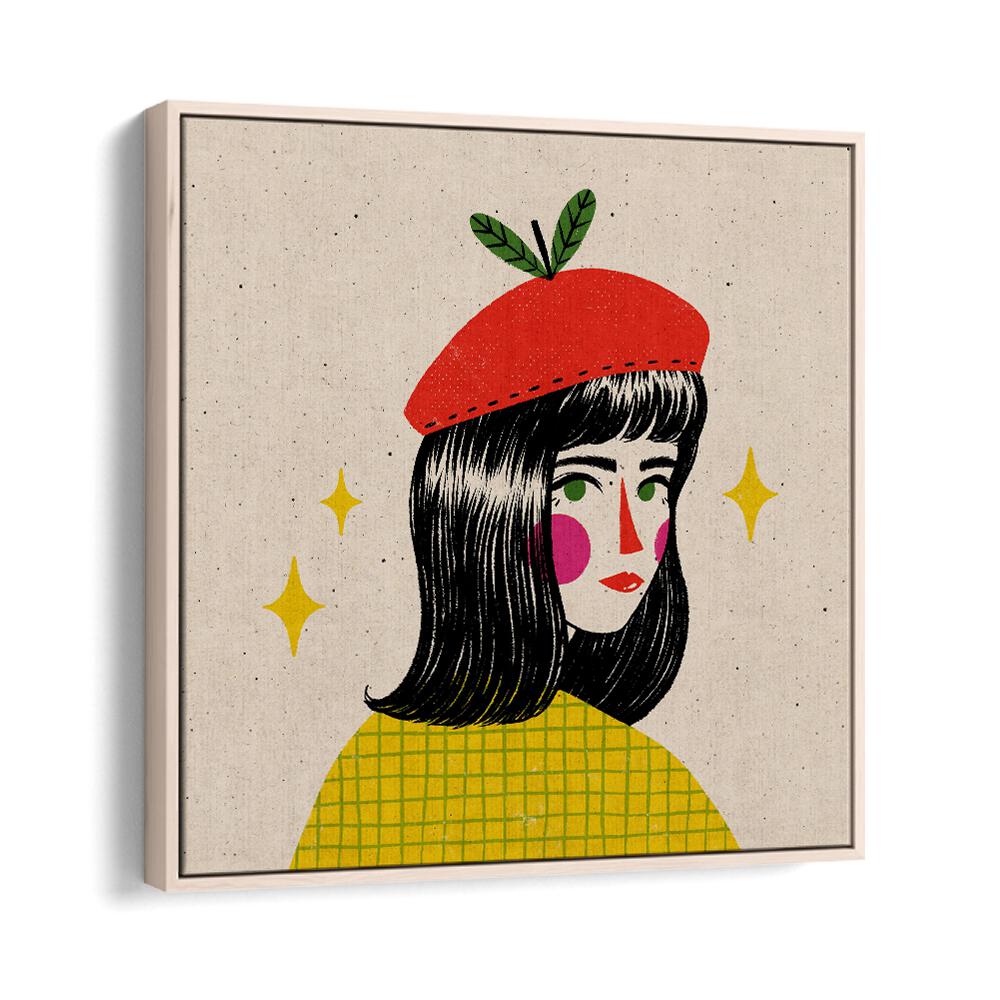 Apple Beret By Julia Leister Women Illustration Paintings in Oak Wood Floater Frame