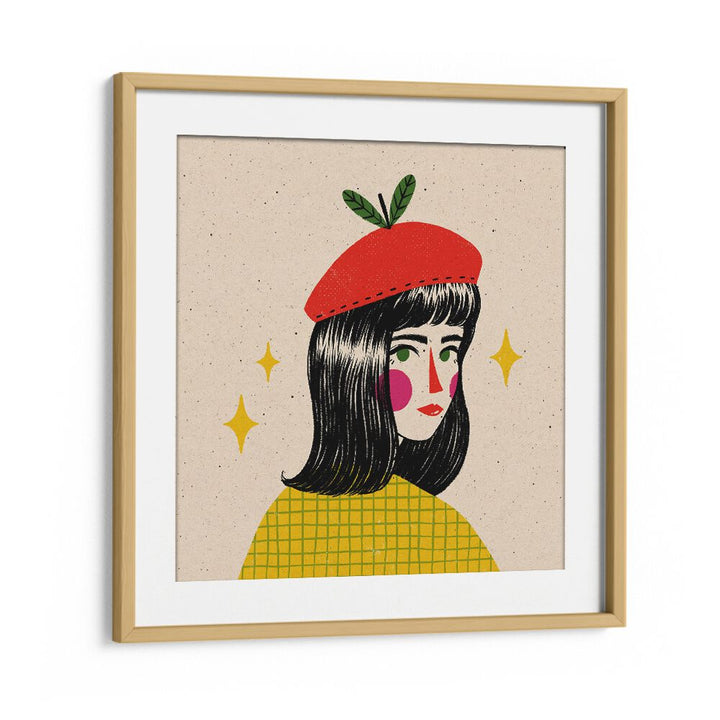 Apple Beret By Julia Leister Women Illustration Paintings in Oak Wood Frame With Mount