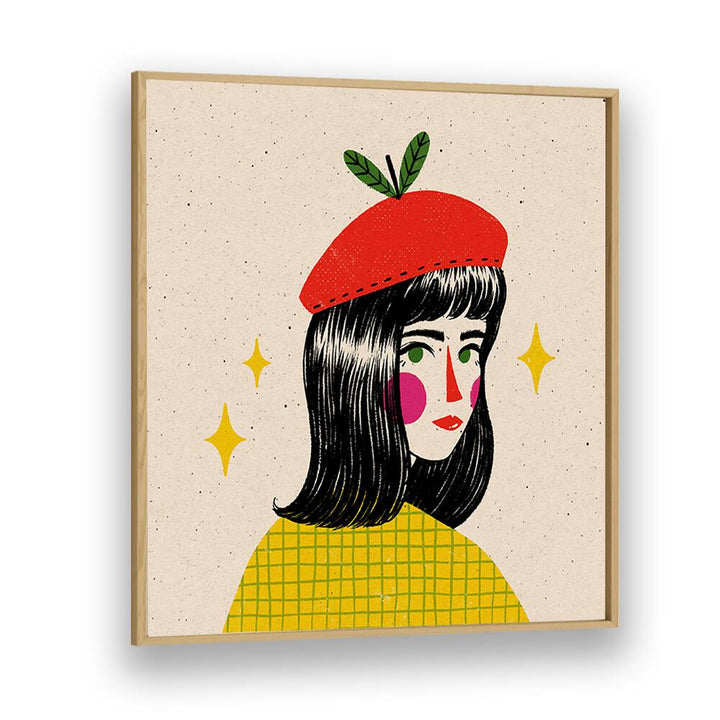 Apple Beret By Julia Leister Women Illustration Paintings in Oak Wood Plain Frame