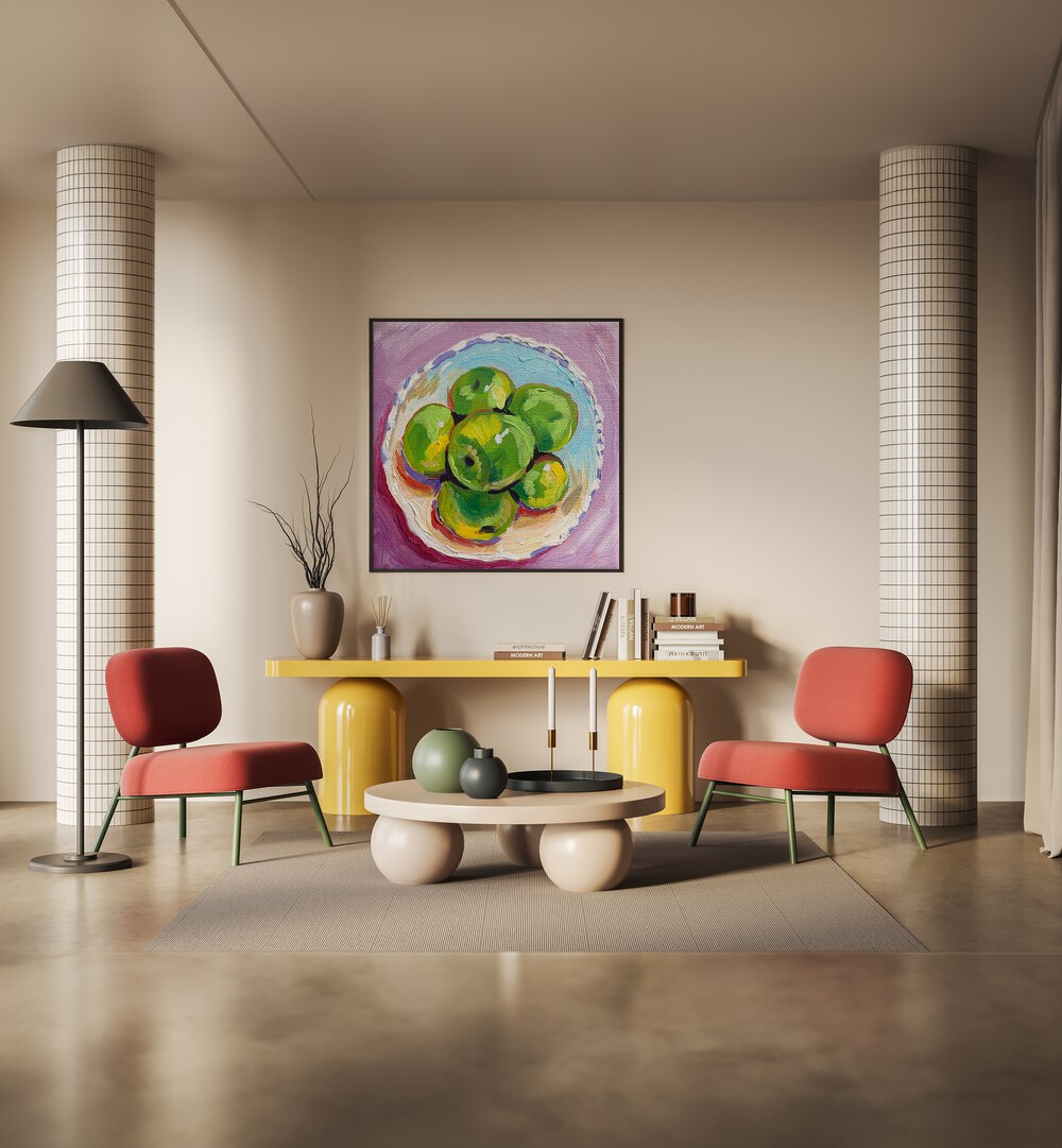 Apples By Key And Sea Creative Bar and Cafe Artwork in Black Plain Frame on a beige wall for living room