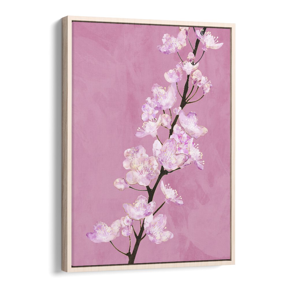 April Cherry Blossoms By Sarah Manovski Botanical Paintings in Oak Wood Floater Frame