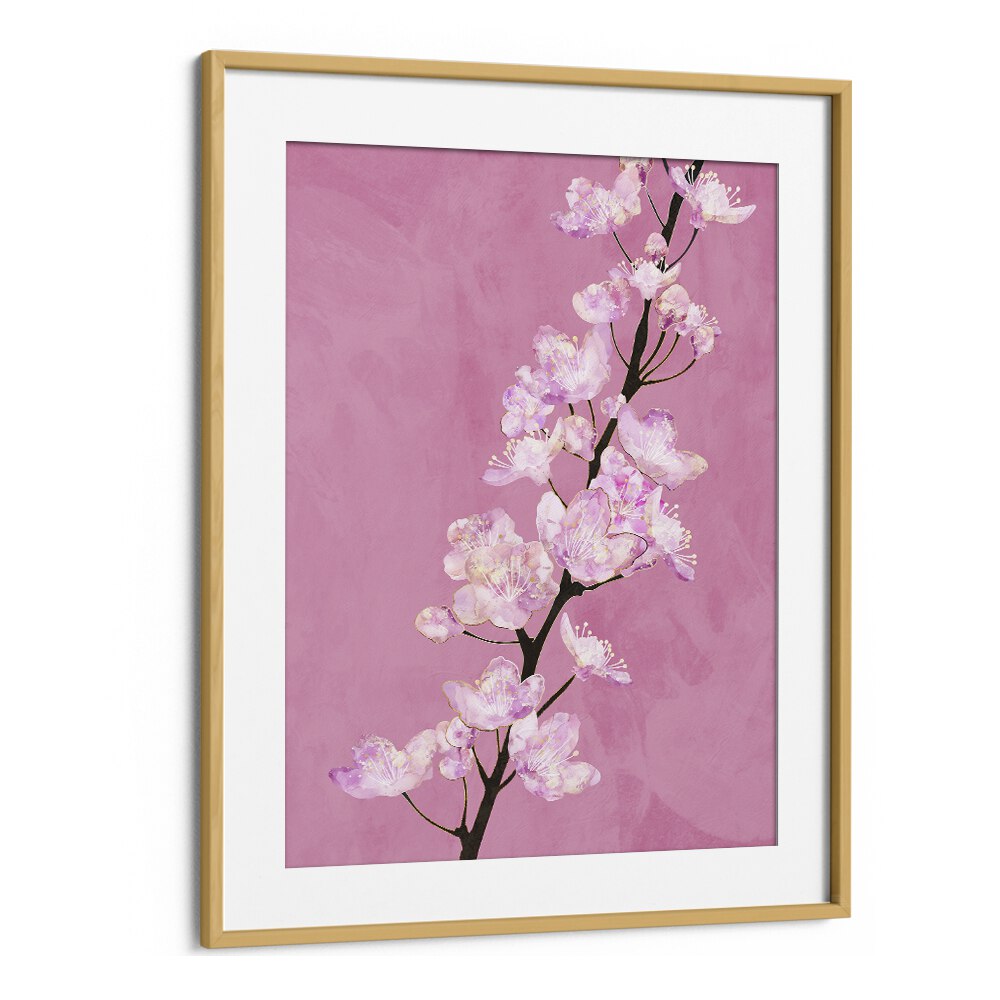 April Cherry Blossoms By Sarah Manovski Botanical Paintings in Oak Wood Frame With Mount