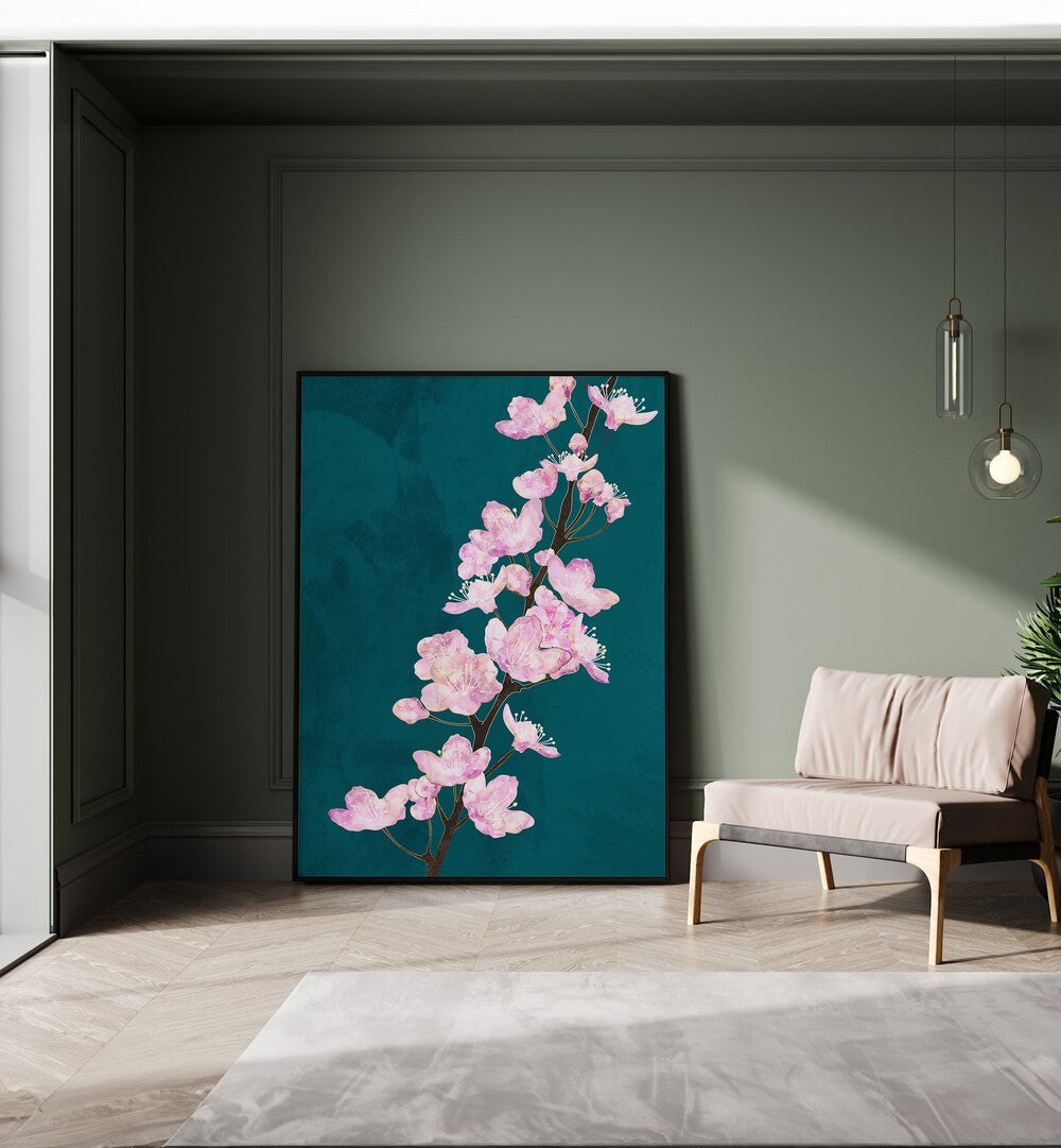 April Cherry Blossoms Green By Sarah Manovski Botanical Art placed on wall 