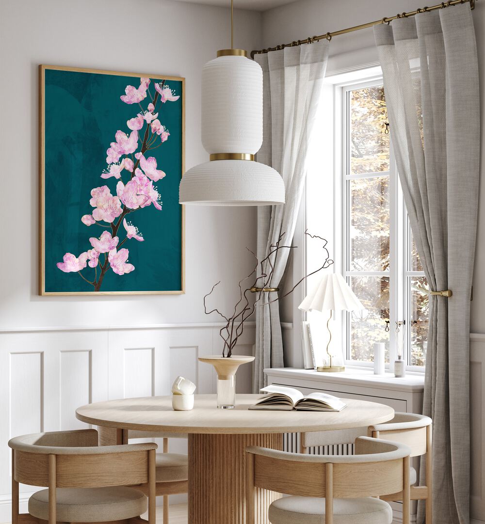 April Cherry Blossoms Green By Sarah Manovski Botanical Art placed on wall 