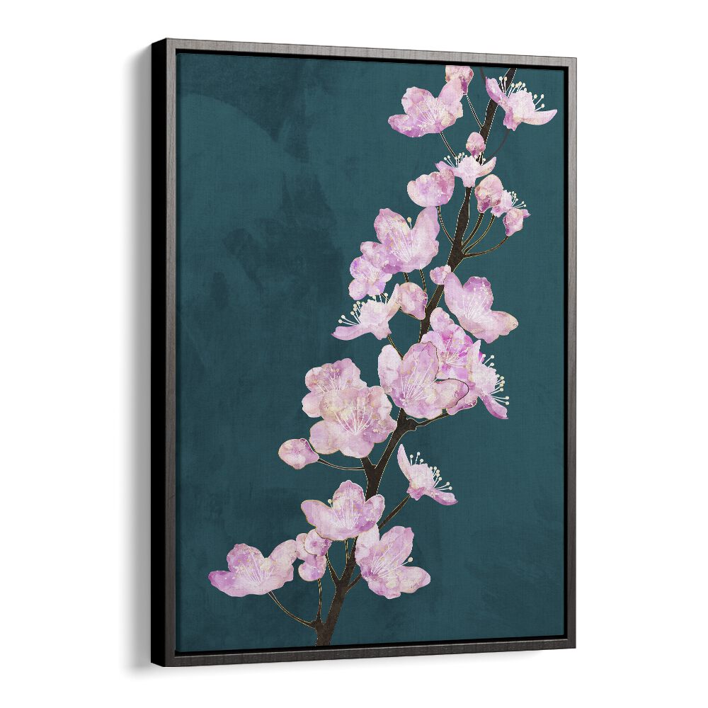 April Cherry Blossoms Green By Sarah Manovski Botanical Art Print in Black Floater Frame