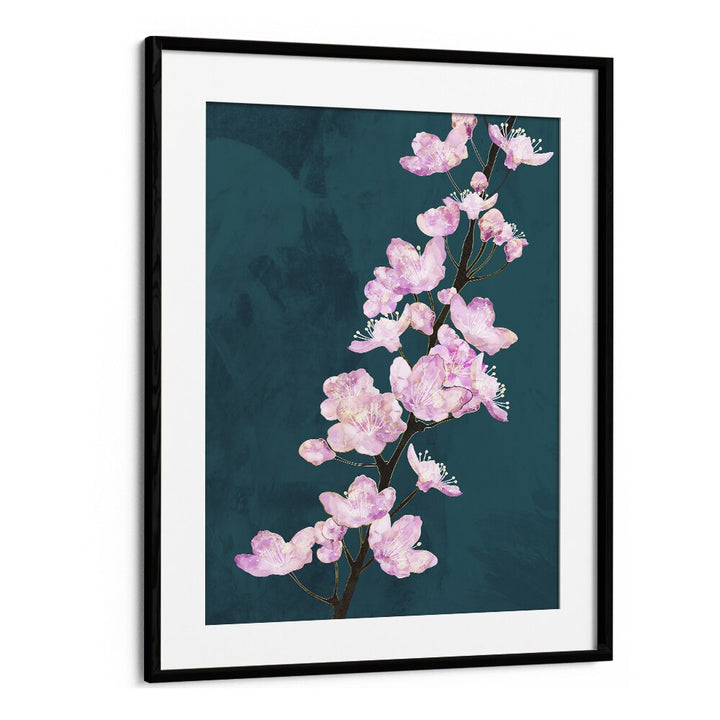 April Cherry Blossoms Green By Sarah Manovski Botanical Art Print in Black Frame With Mount