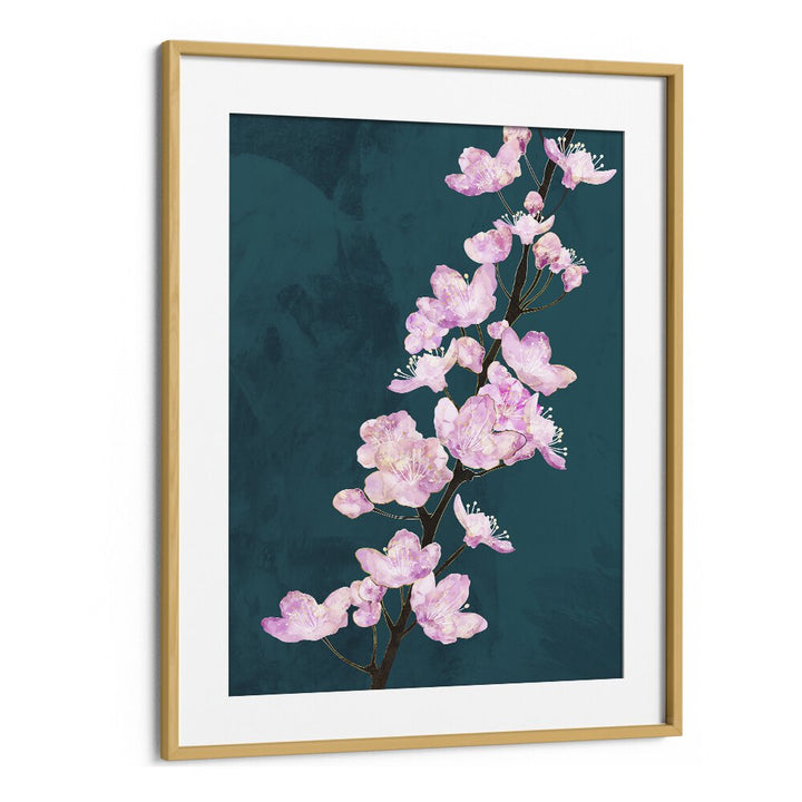 April Cherry Blossoms Green By Sarah Manovski Botanical Art Print in Oak Wood Frame With Mount