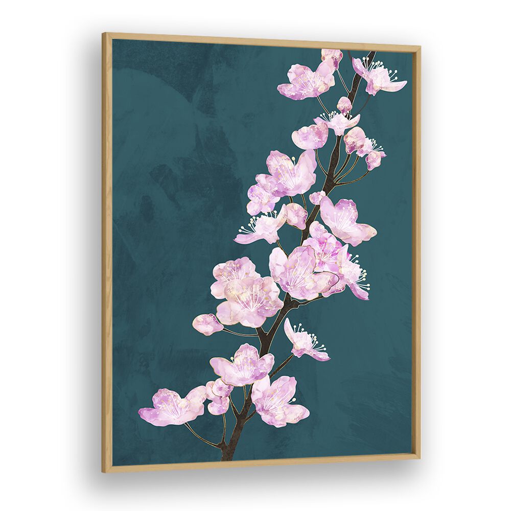 April Cherry Blossoms Green By Sarah Manovski Botanical Art Print in Oak Wood Plain Frame