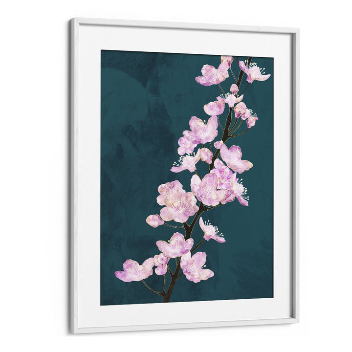 April Cherry Blossoms Green By Sarah Manovski Botanical Art Print in White Frame With Mount