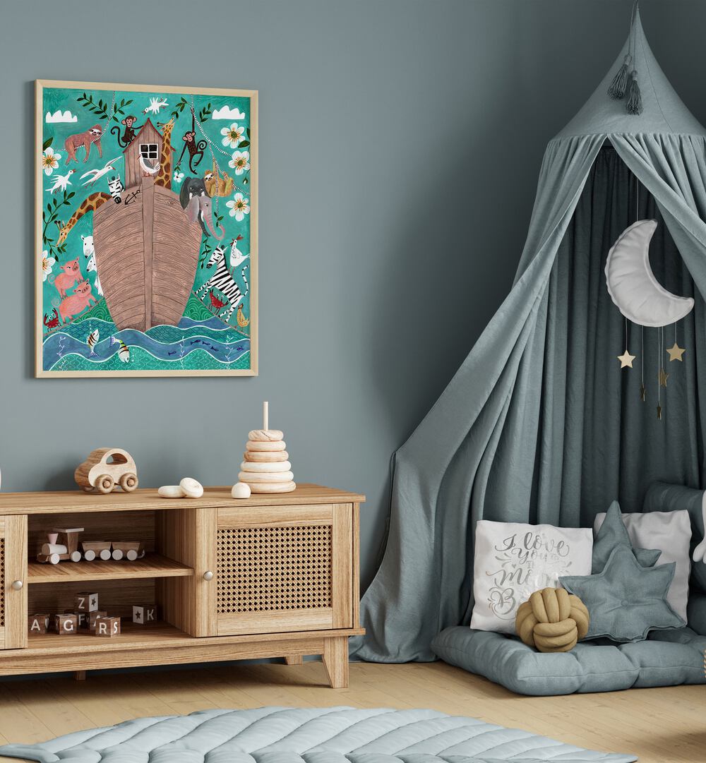 Arc of Noah By Caroline Bonne Muller Kids Paintings in Oak Wood Plain Frame on a green wall beside a tent for kids room