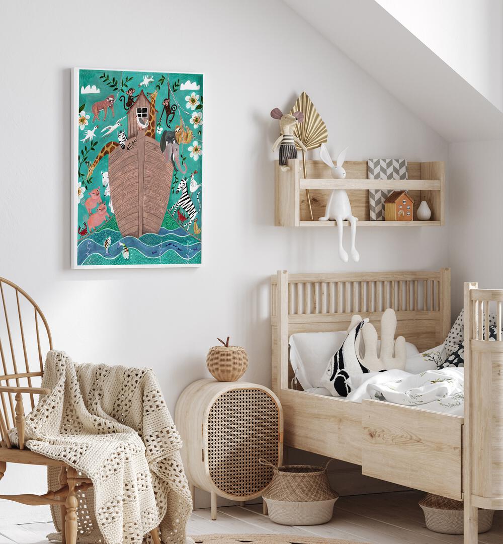 Arc of Noah By Caroline Bonne Muller Kids Paintings in White Plain Frame on a white wall beside a chair for kids room