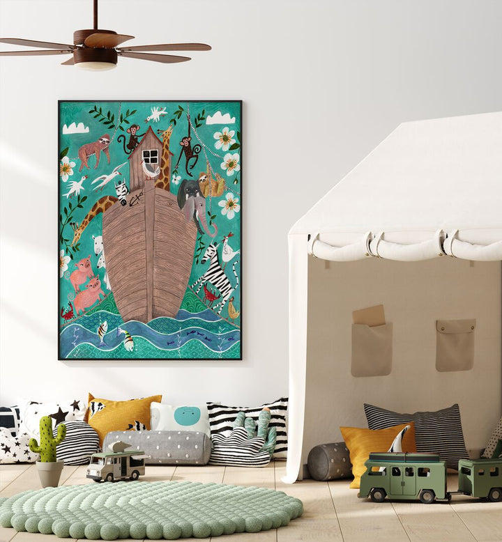 Arc of Noah By Caroline Bonne Muller Kids Paintings in Black Plain Frame on a white wall beside a tent for kids room