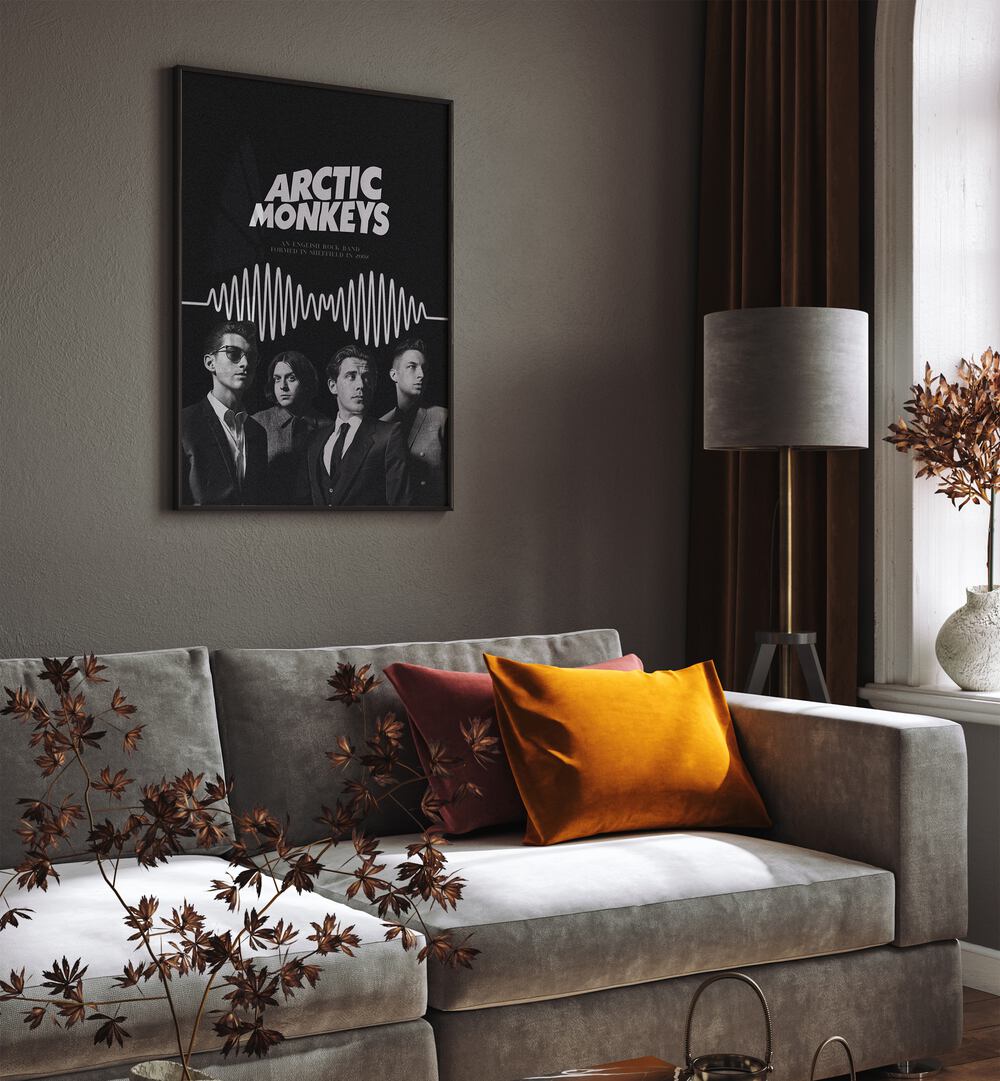 Arctic Monkeys By Grishma Korjani Movie Posters in Black Plain Frame placed on a Dark Grey Colored Wall near a Grey Sofa in the Living Room