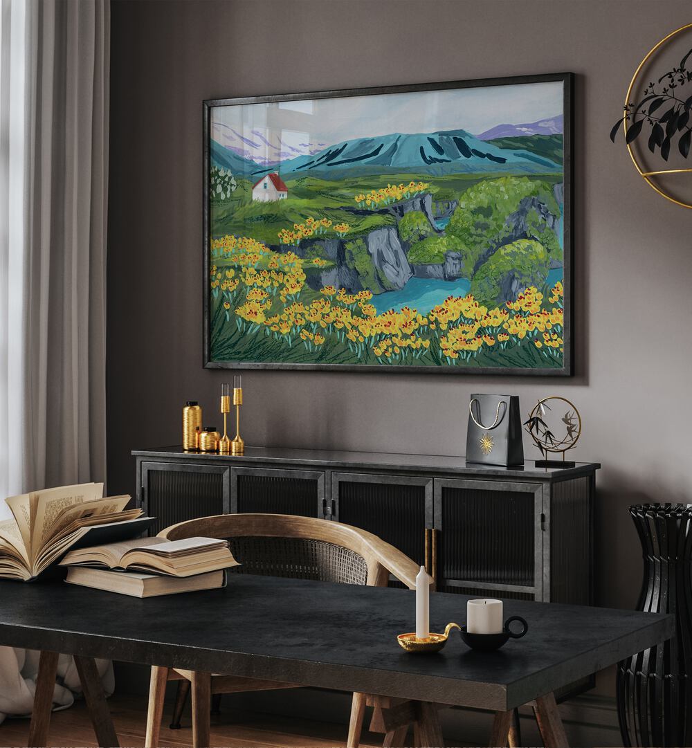 Arnarstapi By Sarah Gesek Landscape Art Prints in Black Plain Frame placed on a wall behind a console table