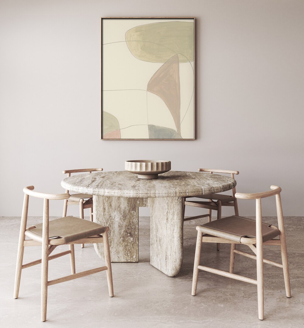 Around By Dan Hobday Abstract Art Abstract Paintings in Oak Wood Plain Frame placed on a Cream Colored Wall near a Dining Table in the Dining Room