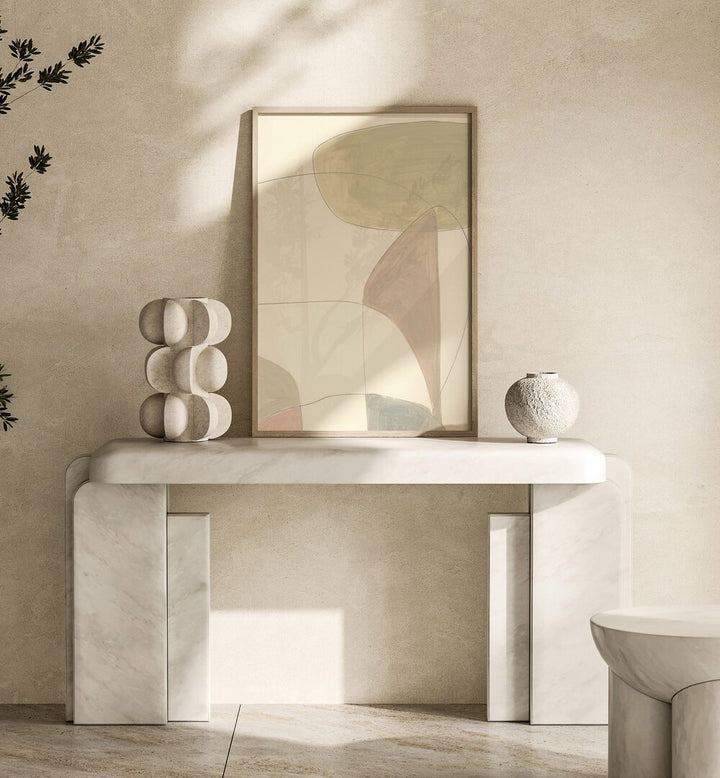 Around By Dan Hobday Abstract Art Abstract Paintings in Oak Wood Plain Frame placed on a Beige Colored Wall above a Console Table in the Drawing Room