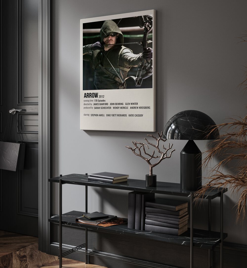 Arrow 2012 Movie Posters in Gallery Wrap hanging on wall above console table beside door and window