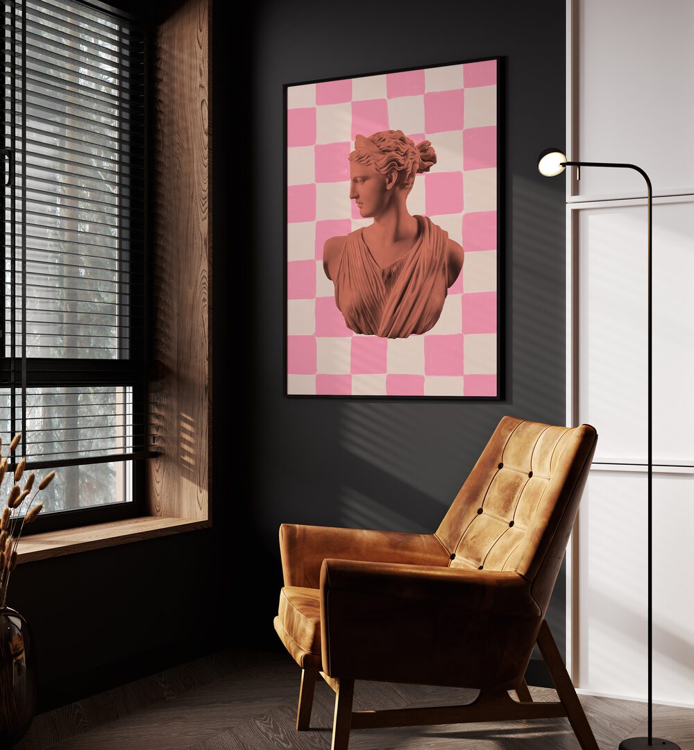 Artemis Checks By Grace Digital Art Co Altered Art Prints in Black Plain Frame placed on a wall beside an orange sofa and a window