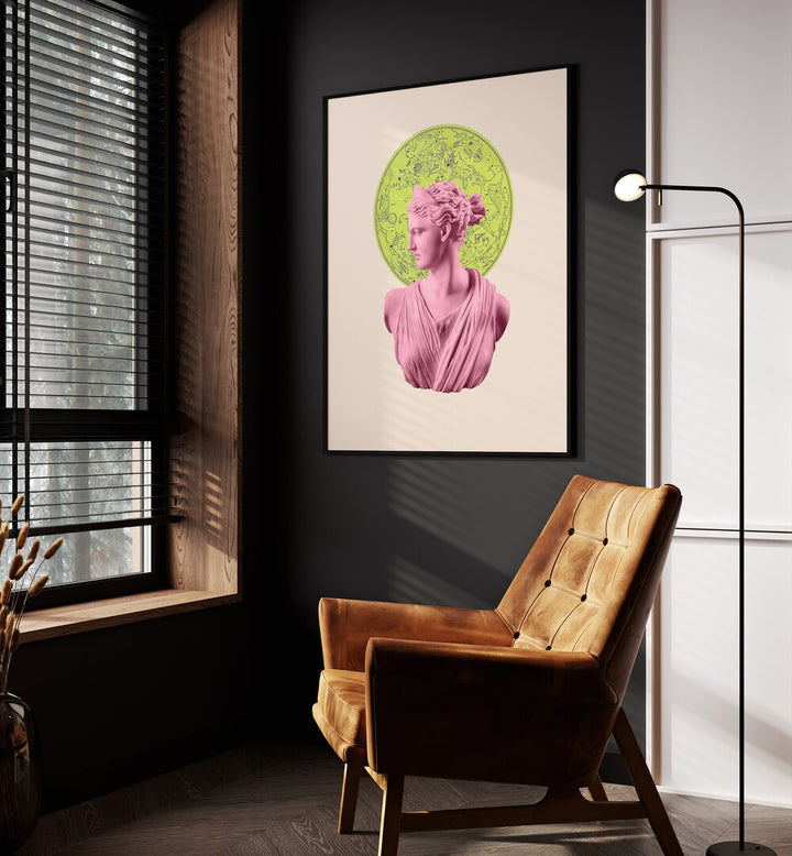 Artemis Neon Zodiac By Grace Digital Art Co Altered Art Prints in Black Plain Frame placed on a wall beside a window and an orange sofa