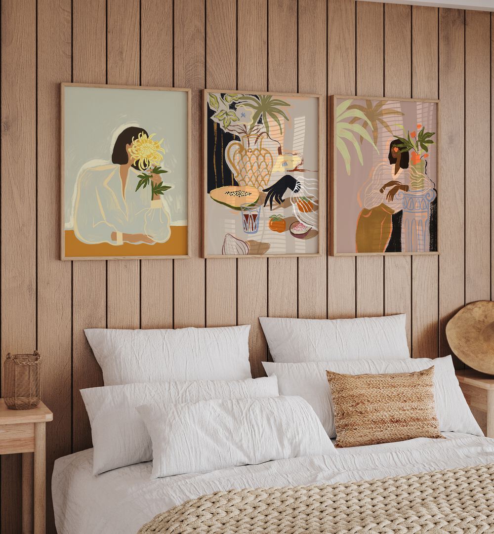 Arty Guava Artworks Set Set Of 3 Paintings in Oak Wood Plain Frame placed on a brown wall behind a bed for bedroom