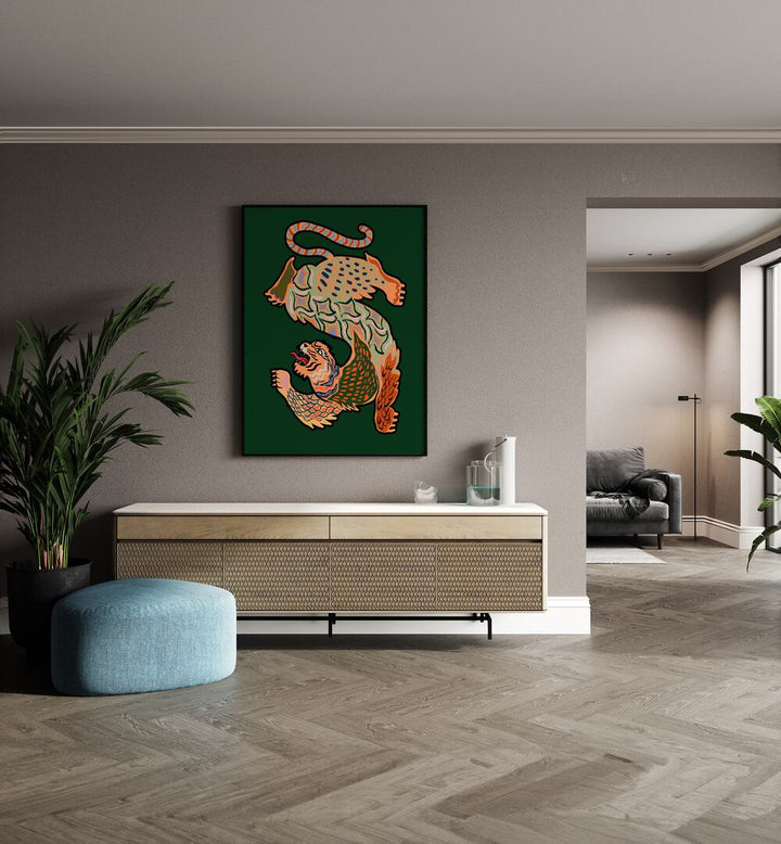 Asian Tiger Green By Arty Guava Wall Art Prints in Black Plain Frame placed on a Beige Colored Wall above a Console Table in the Drawing Room