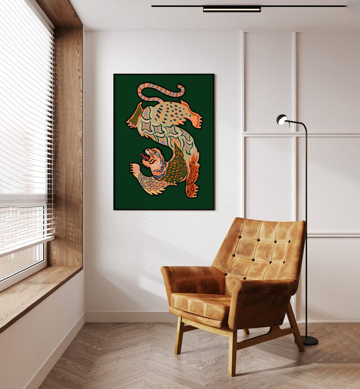 Asian Tiger Green By Arty Guava Wall Art Prints in Black Plain Frame placed on a Cream Colored Wall in the Drawing Room