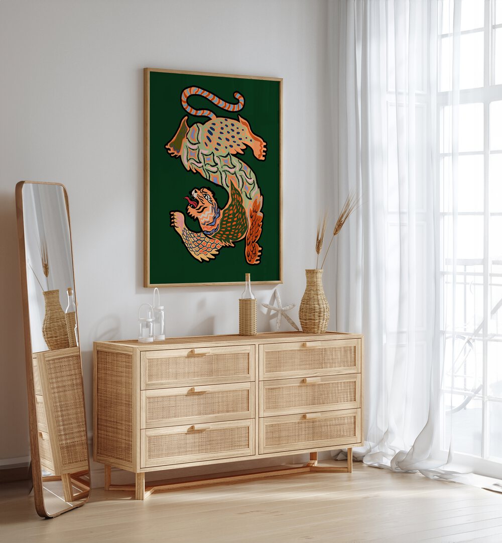 Asian Tiger Green By Arty Guava Wall Art Prints in Oak Wood Plain Frame placed on a White Colored Wall above a Console Table in the Drawing Room 