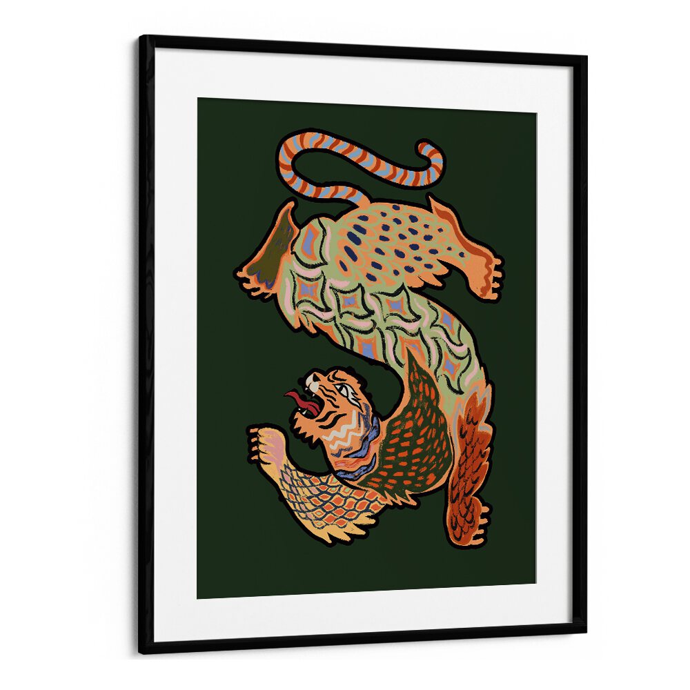 Asian Tiger Green By Arty Guava Wall Art Prints in Black Frame With Mount