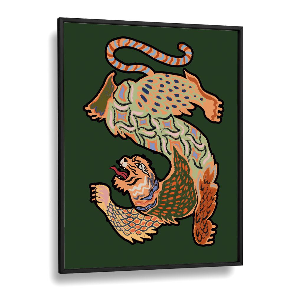 Asian Tiger Green By Arty Guava Wall Art Prints in Black Plain Frame