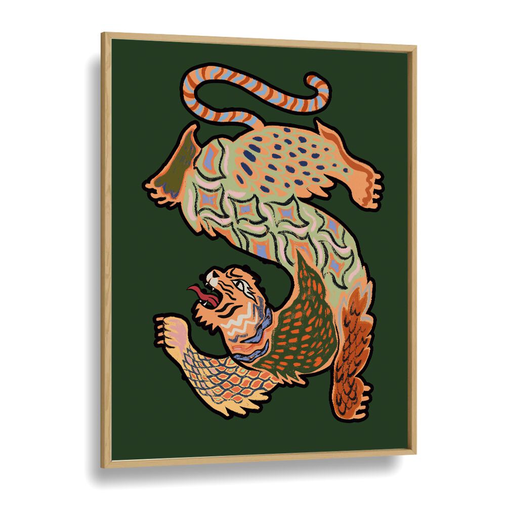 Asian Tiger Green By Arty Guava Wall Art Prints in Oak Wood Plain Frame