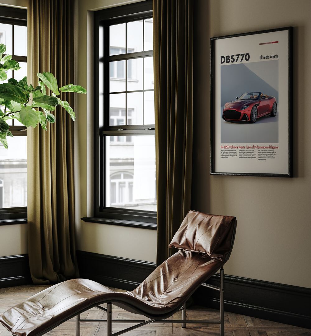 Aston Martin DBS 770 Car Posters Automotive Wall Art Prints in Black Plain Frame placed on a Dessert Brown Colored Wall in the Drawing Room