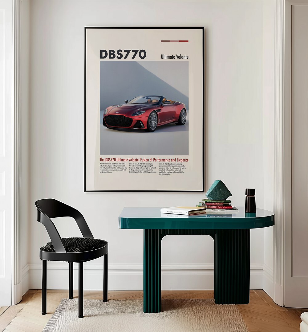 Aston Martin DBS 770 Car Posters Automotive Wall Art Prints in Black Plain Frame placed on a Cream Colored Wall near a Study Table in a Workspace in the Drawing Room