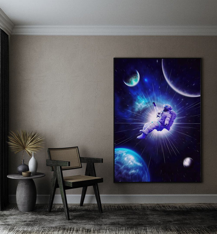 Astro Travel By Ritvik Takkar Surreal Art Prints in Black Plain Frame placed on a Beige Colored Wall in the Drawing Room