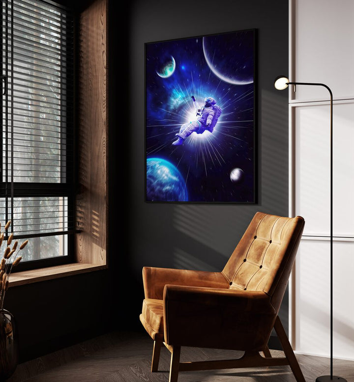 Astro Travel By Ritvik Takkar Surreal Art Prints in Black Plain Frame placed on a Dark Grey Colored Wall in the Drawing Room