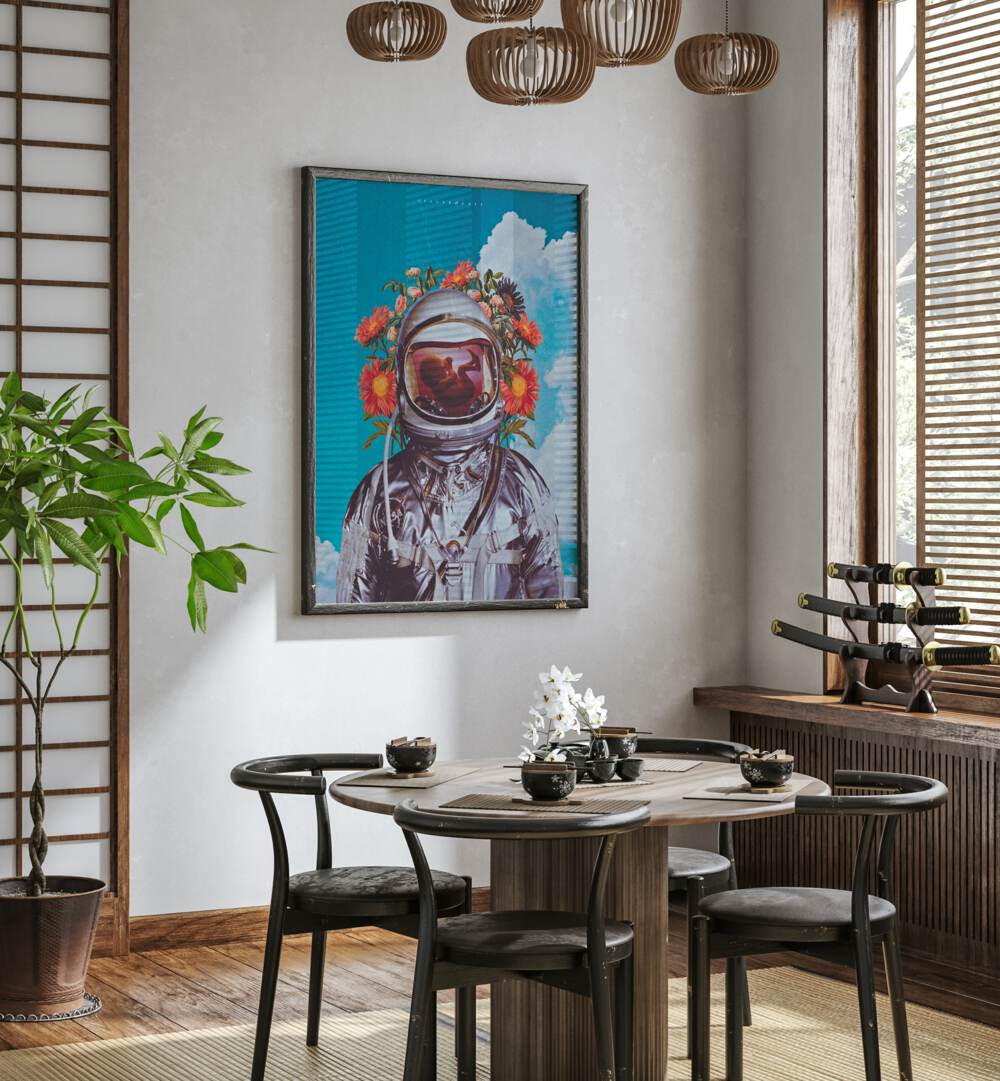 Astronaut Baby By Space Rocket Art Surreal Paintings Surreal Art in Dark Wood Plain Frame placed on a White Colored Wall near a Dining Table in the Dining Room