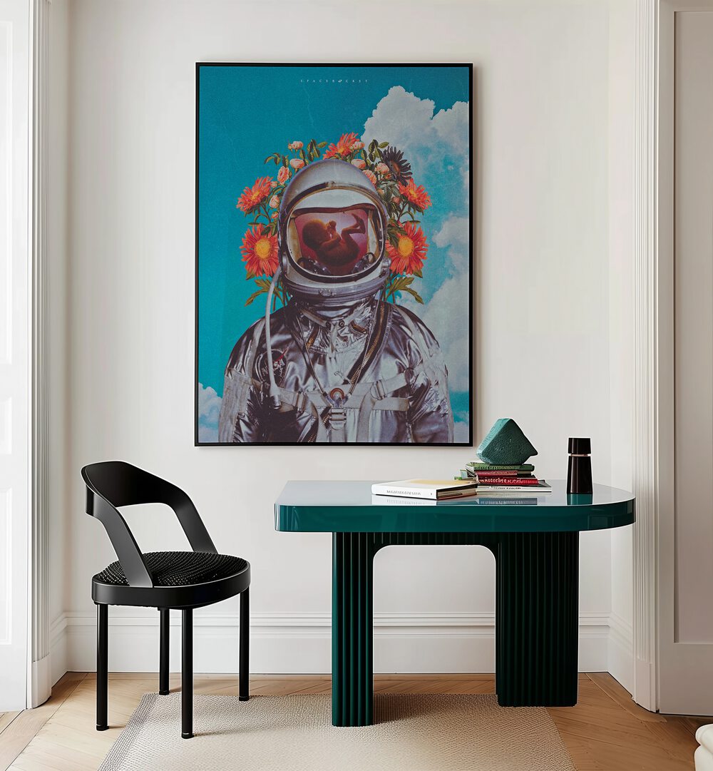 Astronaut Baby By Space Rocket Art Surreal Paintings Surreal Art in Black Plain Frame placed on a Cream Colored Wall in the Drawing Room