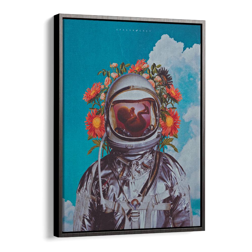 Astronaut Baby By Space Rocket Art Surreal Paintings, Surreal Art in Black Floater Frame