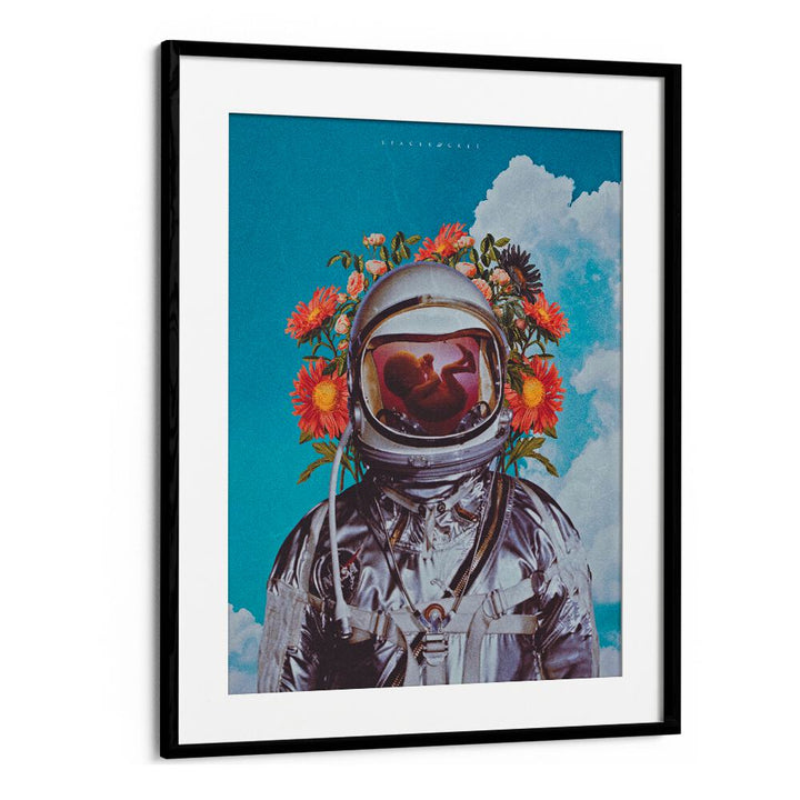 Astronaut Baby By Space Rocket Art Surreal Paintings, Surreal Art in Black Frame With Mount