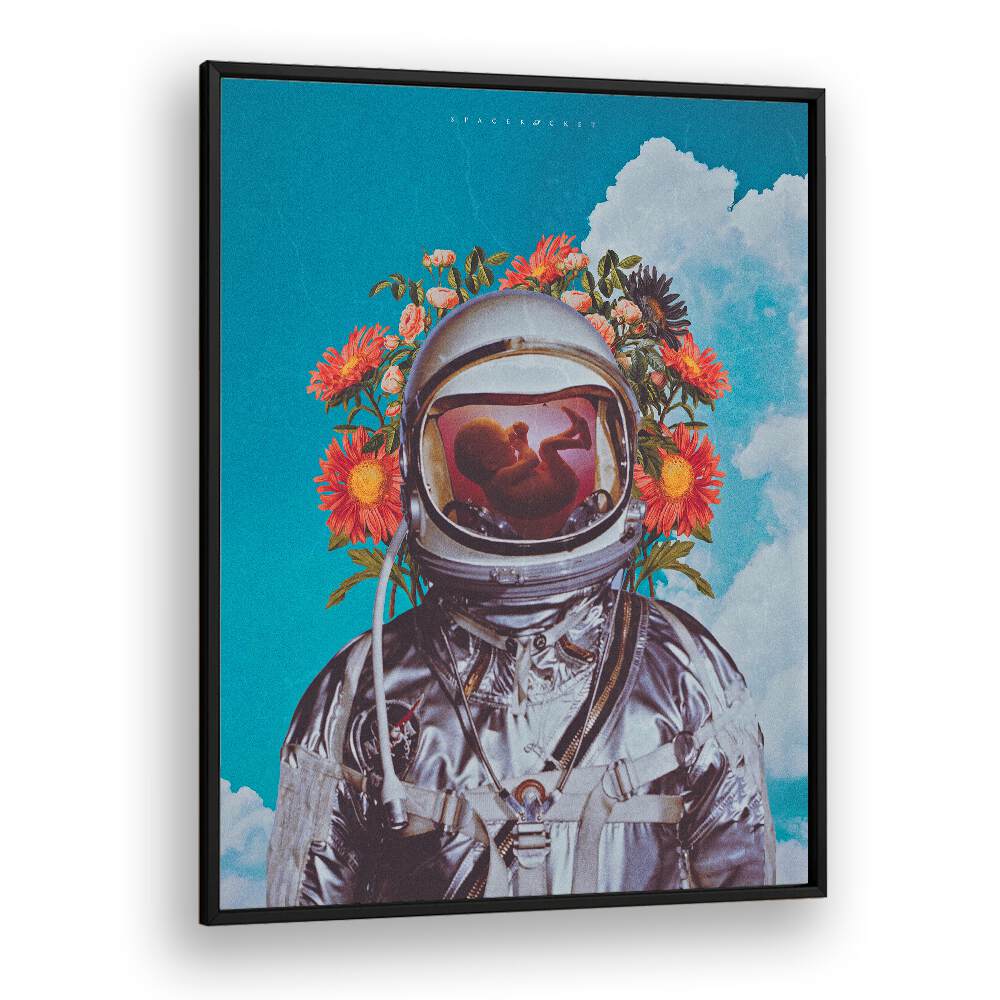 Astronaut Baby By Space Rocket Art Surreal Paintings, Surreal Art in Black Plain Frame