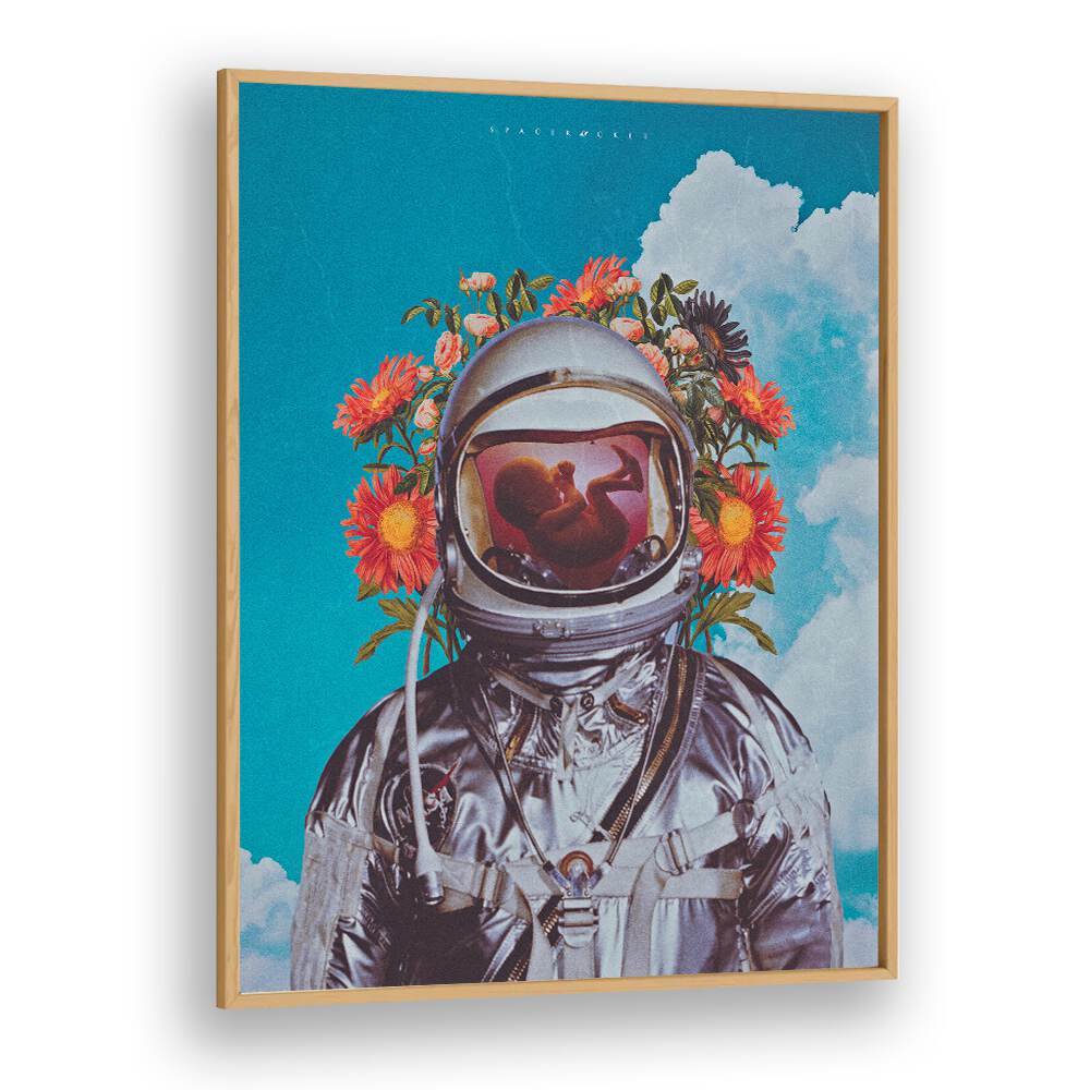 Astronaut Baby By Space Rocket Art Surreal Paintings, Surreal Art in Oak Wood Plain Frame